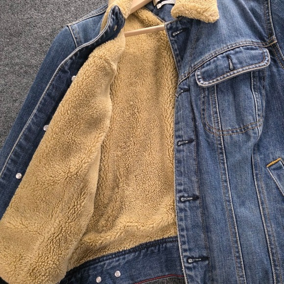 Tommy Hilfiger Vintage Style Sherpa Denim Jacket Women M Blue Trucker Turkey 90s - Picture 11 of 14
